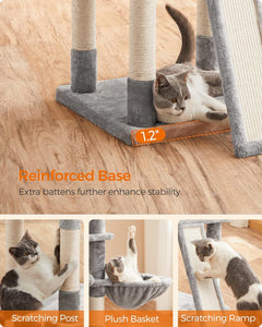 Cat Tree, Large Cat Tower, Cat Condo with Scratching Posts, Board, 2 Caves, 3 Plush Perches, Activity Center, 66.5 Inches, Light Gray UPCT019W01