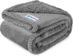 Waterproof Dog Blanket for Couch, Queen 90X90, Pee Proof Sherpa Fleece Reversible Pet Throw, Furniture Protector for Bed Sofa, Soft Washable Cover for Large Dogs Cats, Light Grey