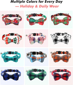 Upgraded Cat Collar with Bells, Breakaway Cat Collars with Bow Tie, 1 Pack Girl Boy Safety Plaid Kitten Collars, Haze Blue